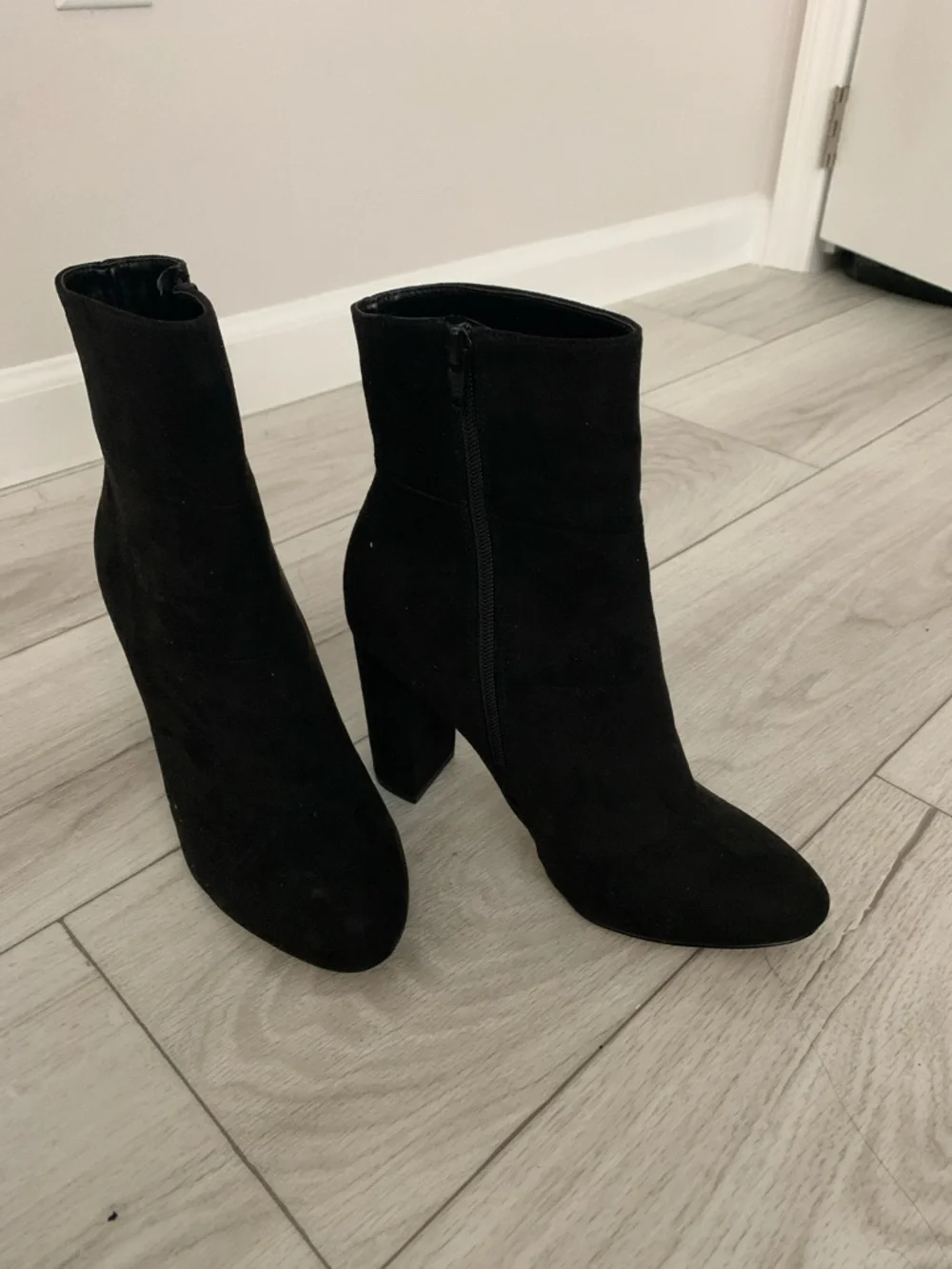 BCBG Black Suede Ankle Booties with Block Heel